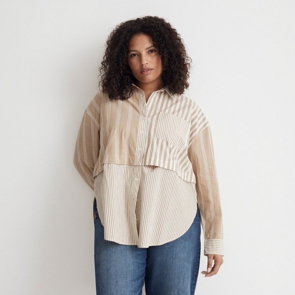 Madewell Modular Oversized Button-Up Shirt in Mixed Stripe Women's Size XL - Picture 2 of 10